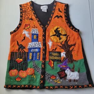 Vintage Sweater Vest Womens Medium Halloween Pumpkin Embroidered Sequin Spooky